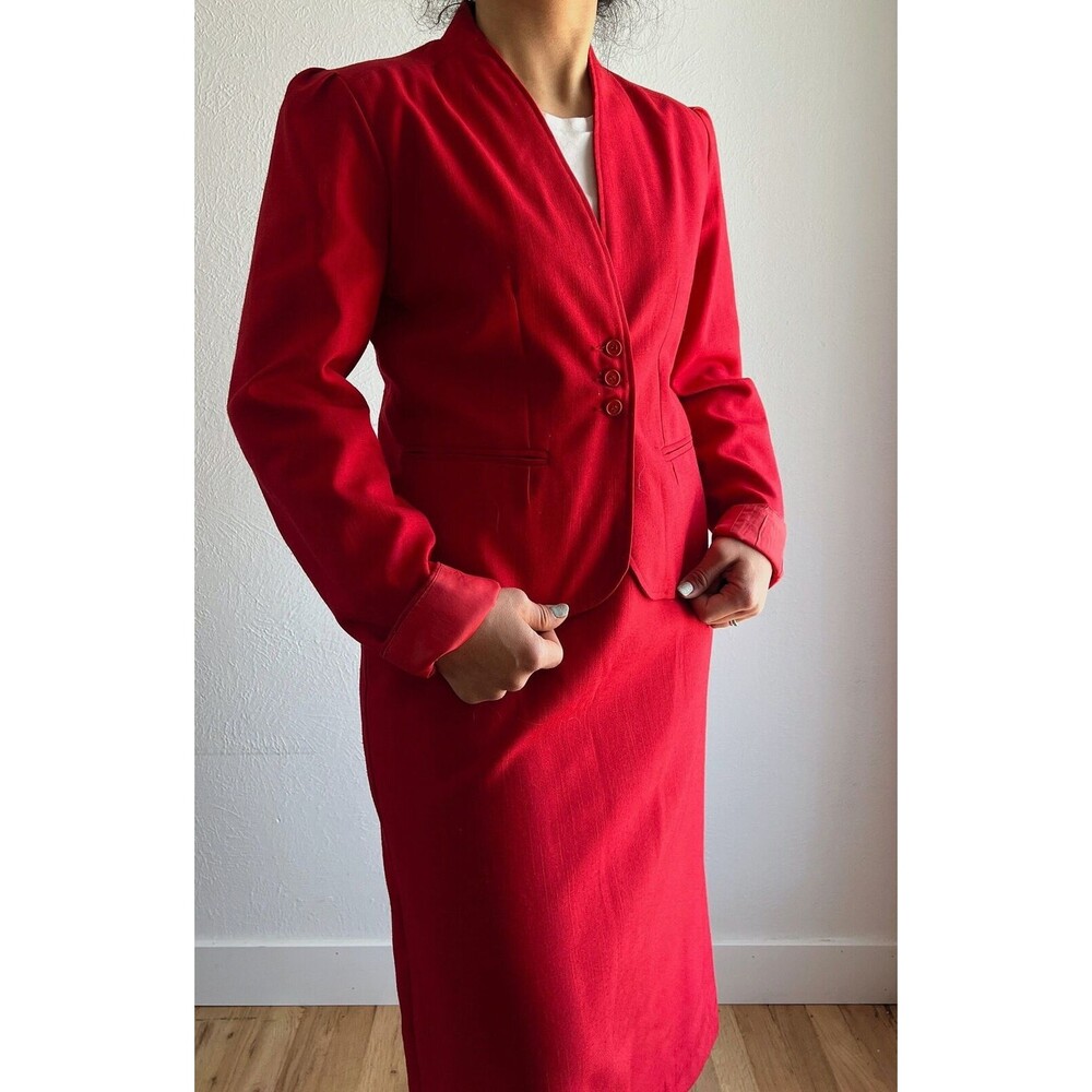 vtg 80s oscar de la renta red skirt blazer suit size 11/12‎ retro modest classic - Picture 9 of 10